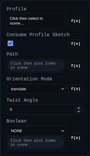 Sweep feature dialog