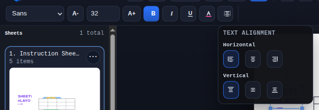 2D Sheets text alignment menu