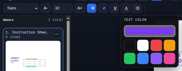 2D Sheets text color menu